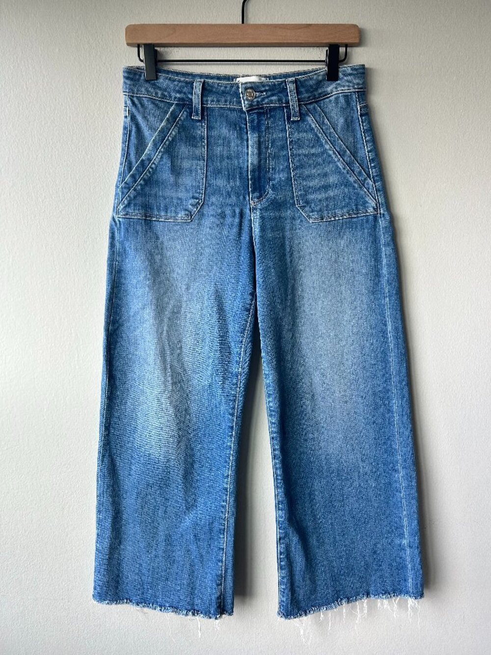 PAIGE Anessa Utility High Rise Crop Wide Leg Jeans Medium Wash Blue Raw Hem 28
